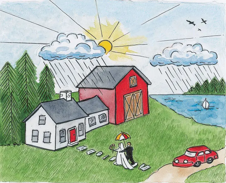 drawing of recently married couple walking up the front steps to their Washington County farmhouse