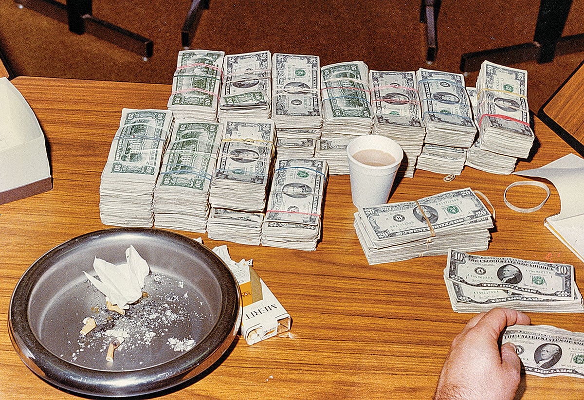 Maine's Federal-State Anti-Drug Smuggling Task Force often seized large amounts of cash and drugs as a result of undercover work during the 1970s and 1980s, as in this shot from the personal archives of Sergeant Harry Bailey.