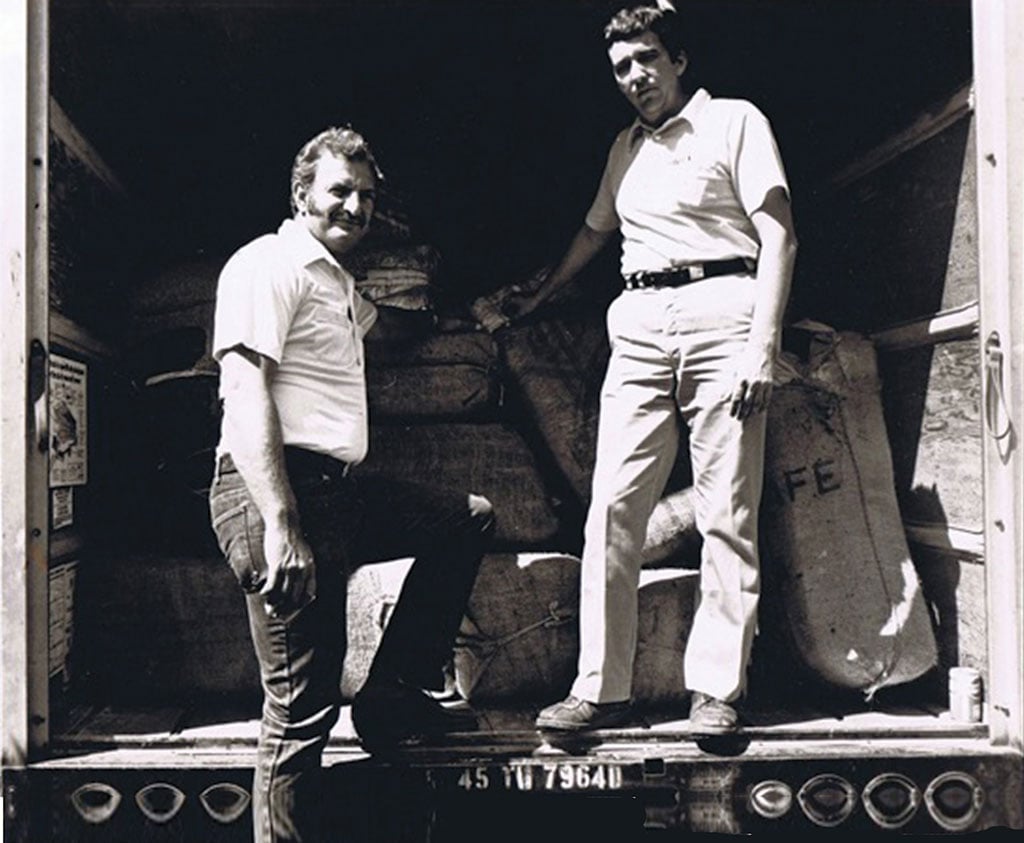 State Police Sergeant Harry Bailey (left) grew a mustache and sideburns for undercover work with the Federal-State Anti-Drug Smuggling Task Force. Here, he poses as a drug smuggler with DEA agent Michael Cunniff.