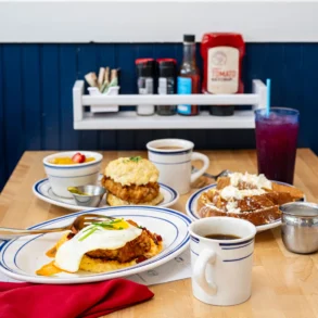 Chicken and waffles, a chicken biscuit sandwich, and french toast from Buttermilk Kitchen, in Camden, Maine