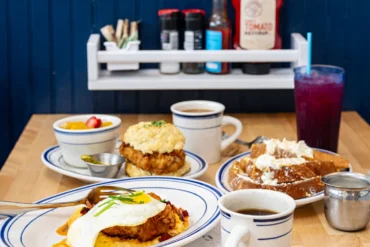 Chicken and waffles, a chicken biscuit sandwich, and french toast from Buttermilk Kitchen, in Camden, Maine