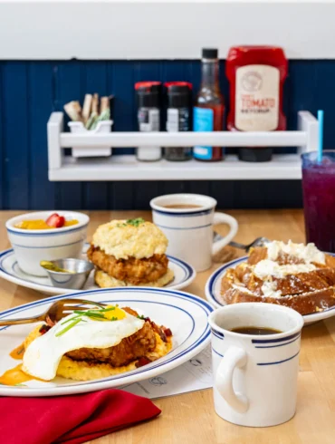 Chicken and waffles, a chicken biscuit sandwich, and french toast from Buttermilk Kitchen, in Camden, Maine