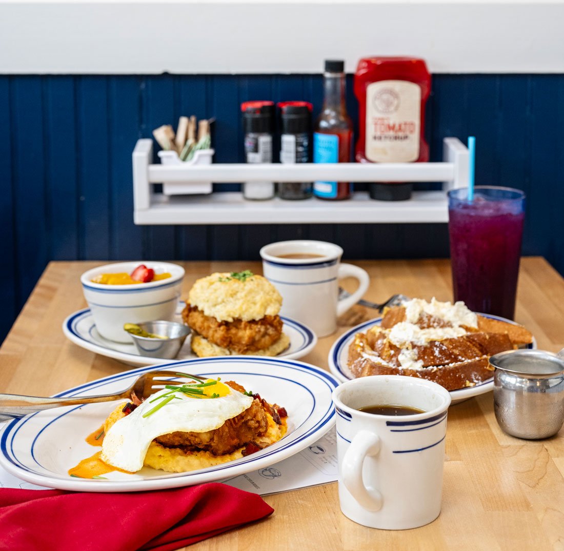 Chicken and waffles, a chicken biscuit sandwich, and french toast from Buttermilk Kitchen, in Camden, Maine