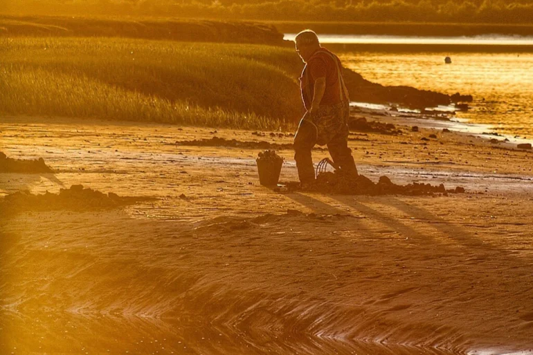 A Maine clam digger on the beach at low tide