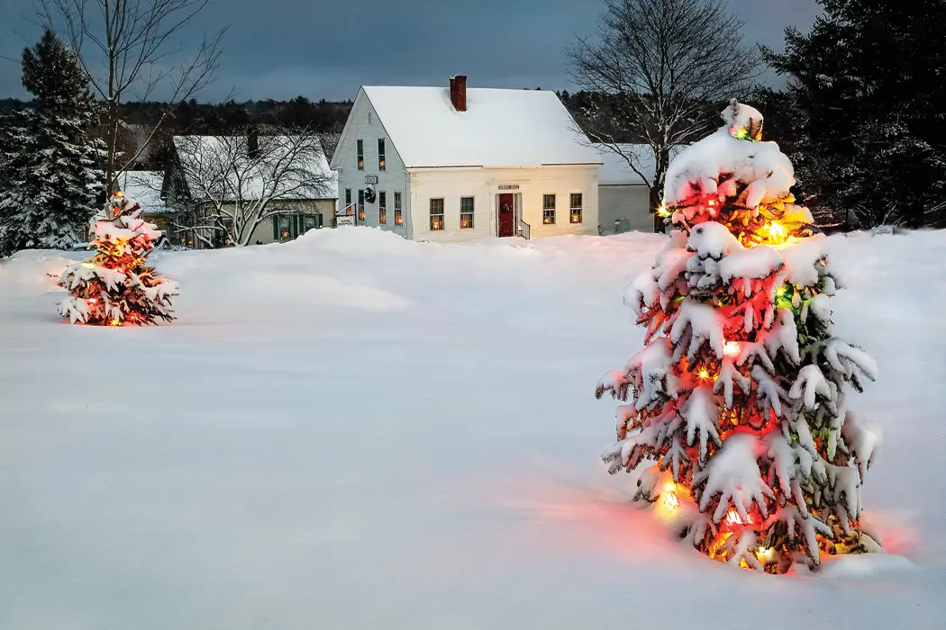 lights aglow during winter in maine