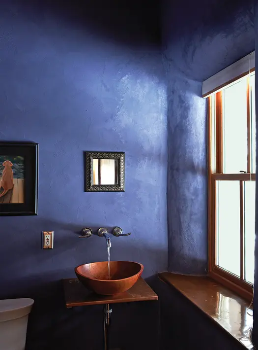 Purple bathroom with bowl sink