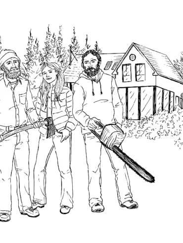 Drawing of people filming Maine Cabin Masters