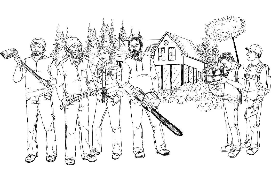 Drawing of people filming Maine Cabin Masters