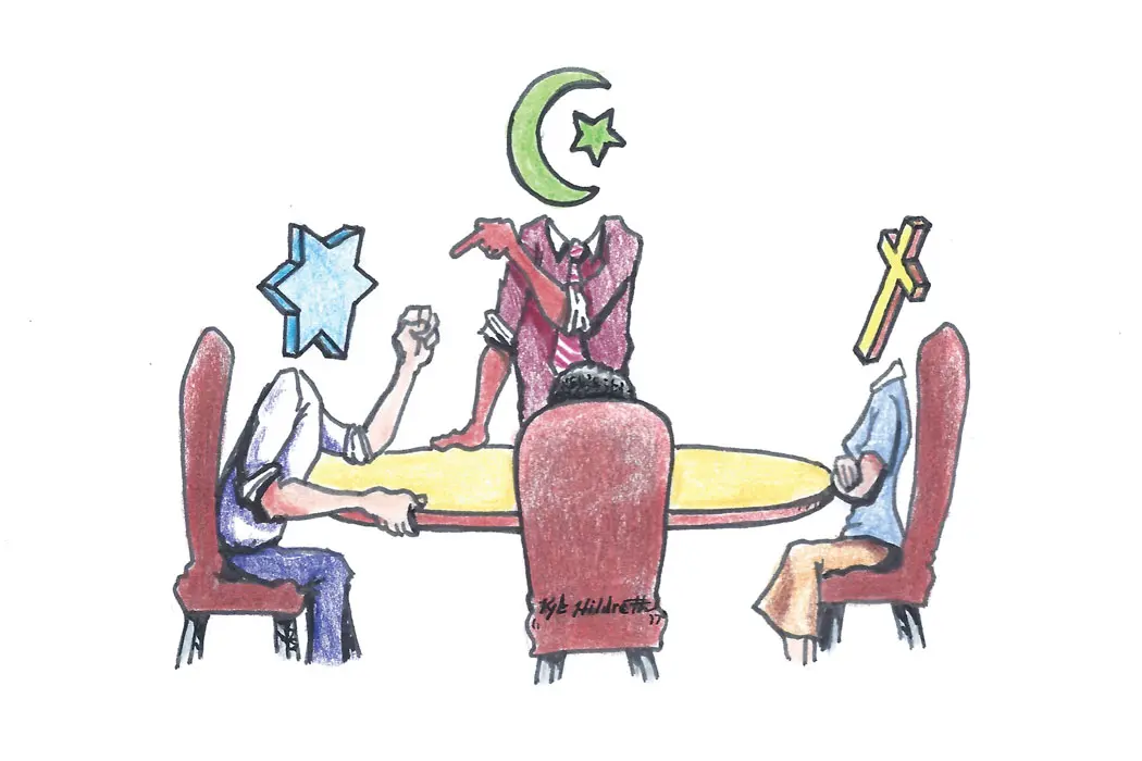 Illustration of differing beliefs around a table