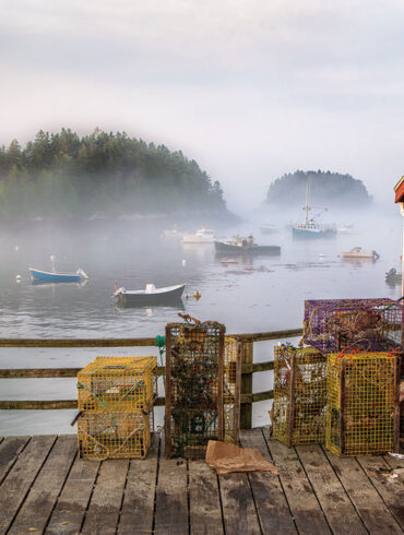 Shed on dock with lobster traps