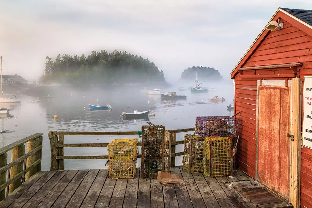 Shed on dock with lobster traps