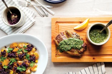 Grilled Spring Lamb and Salsa Verde with Baby Beets, Beet Greens, Fried Garlic, and Chèvre