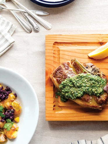 Grilled Spring Lamb and Salsa Verde with Baby Beets, Beet Greens, Fried Garlic, and Chèvre