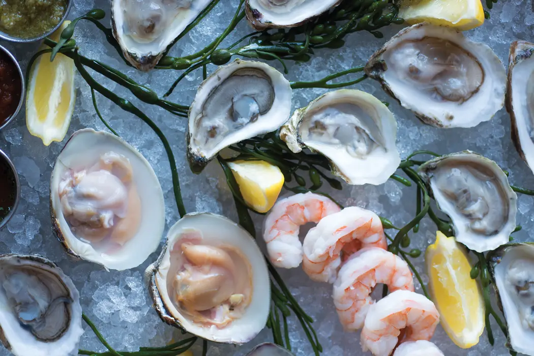 Oysters, shrimp, and clams from the 18 Central raw bar.
