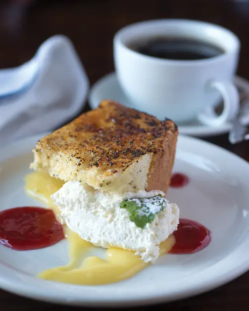 from the dessert menu, brulee’d lemon-poppyseed angel food cake with raspberry preserves and housemade whipped cream
