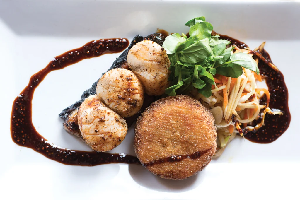 grilled scallops and roasted pork belly