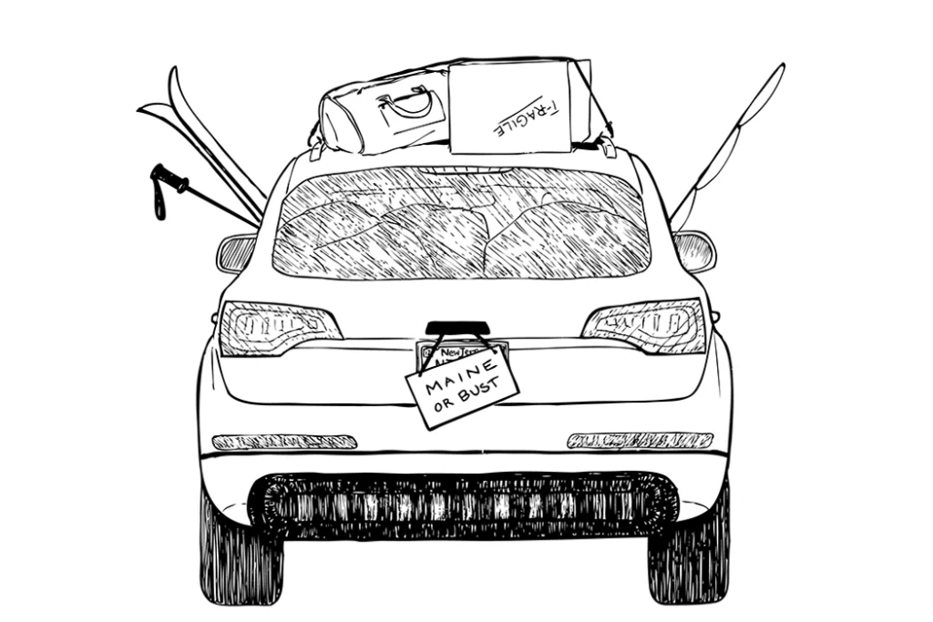 Illustration of a packed car moving to maine