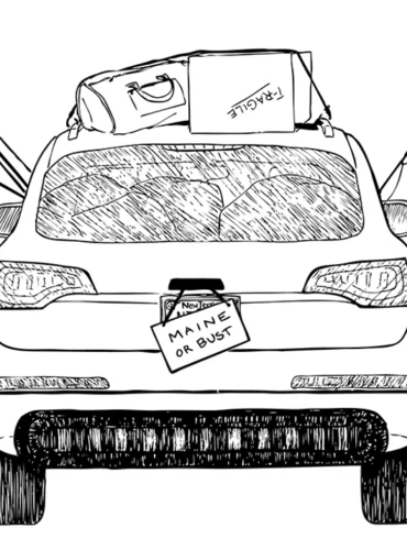 Illustration of a packed car moving to maine, one of the best places to live in the US