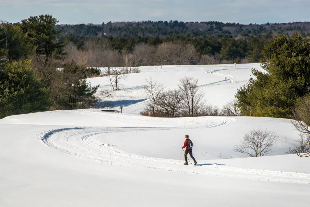 The gentle swells of Pineland Farms in New Gloucester are welcoming for new skiers.