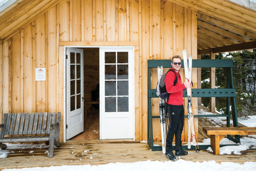 cross-country skiers at Pineland Farms can take a break in the the warming hut, outdoor center, or cafeteria