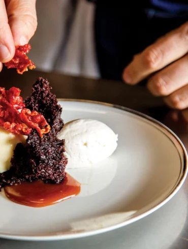 Pig out: pastry chef Ilma Lopez's Spanish sundae, with chocolate cake, caramel, and smoky serrano ham ice cream.