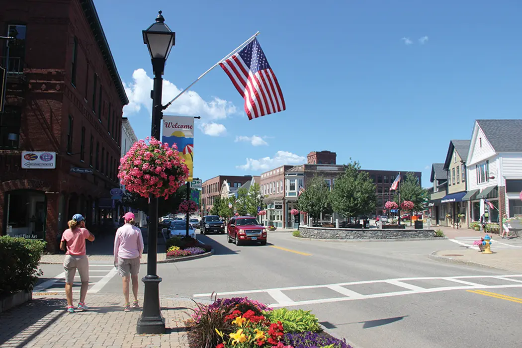 Kennebunks Four Ways Flowers line Main Street in downtown Kennebunk