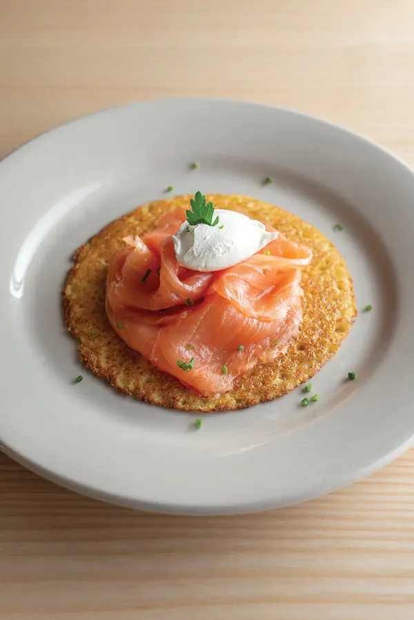 smoked Atlantic salmon with a johnnycake and crème fraîche