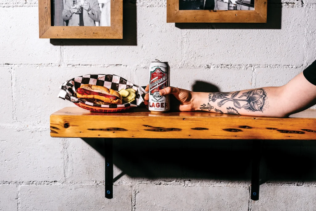 A hotdog and a beer at Tomaso's Canteen, in Portland, Maine