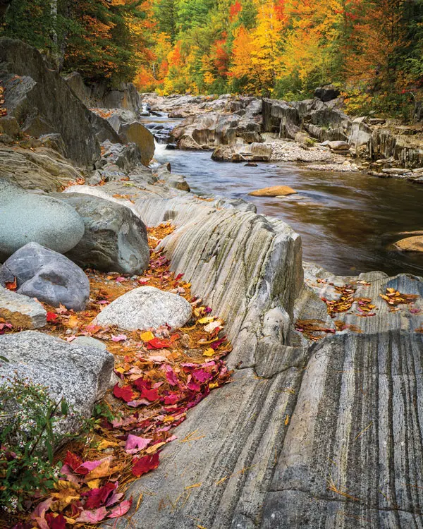 At Coos Canyon, in Byron, on Route 17, the Swift River powers through a rocky gorge.