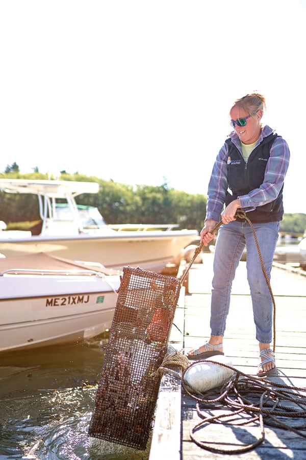 Manomet fisheries division director Marissa McMahan meets fishermen and volunteers on the Kennebec to survey green crabs.