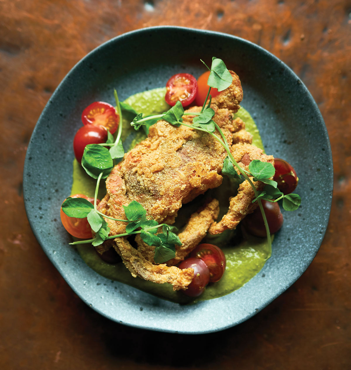 Masa-Crusted Soft-Shell Crab with Mole Verde