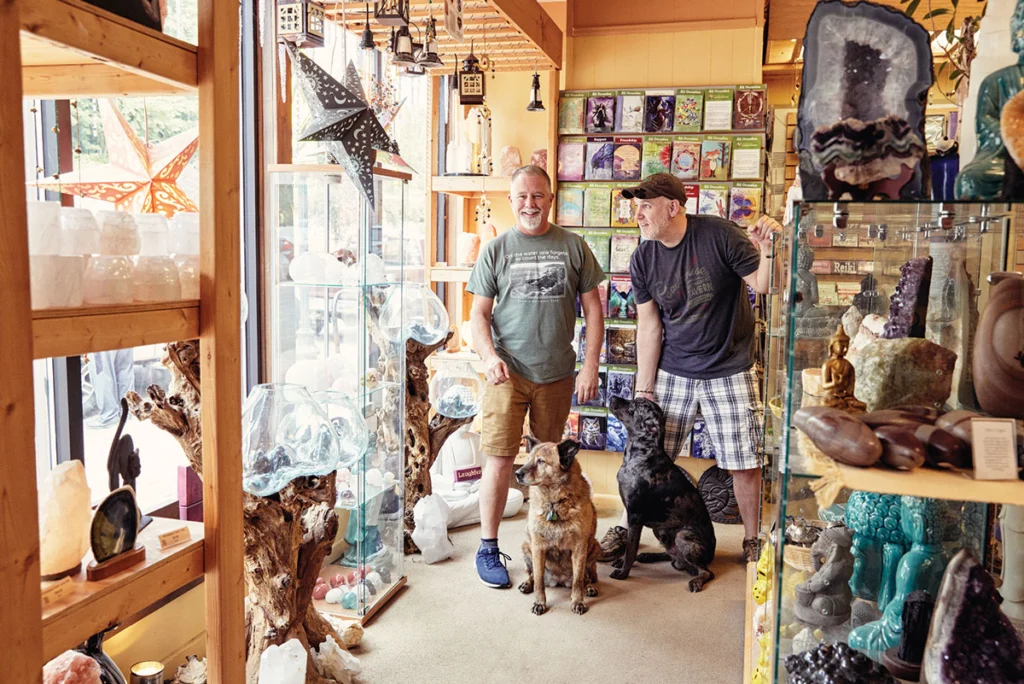 David Hopkins, right, and Bishop McKechnie in Merkaba Sol, their gift shop