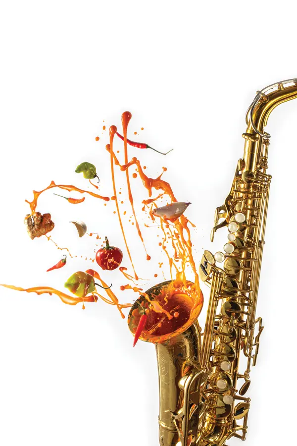 Evan's Rockin’ Hot Sauce and a saxapohone