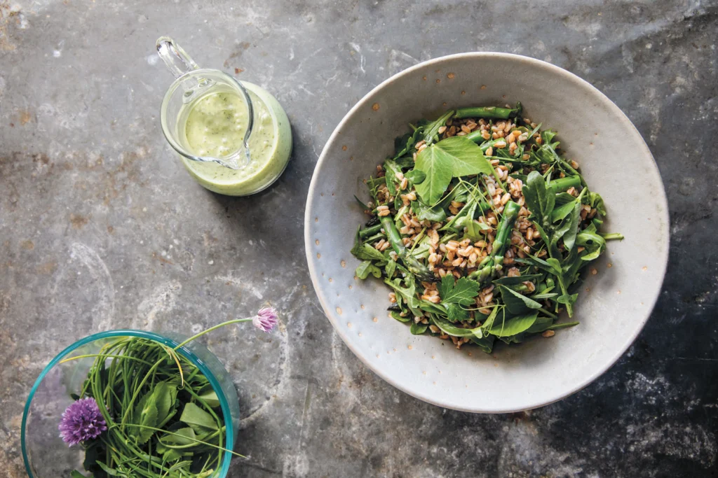 Farro, Asparagus, and Arugula Salad  with Herbed Buttermilk Dressing