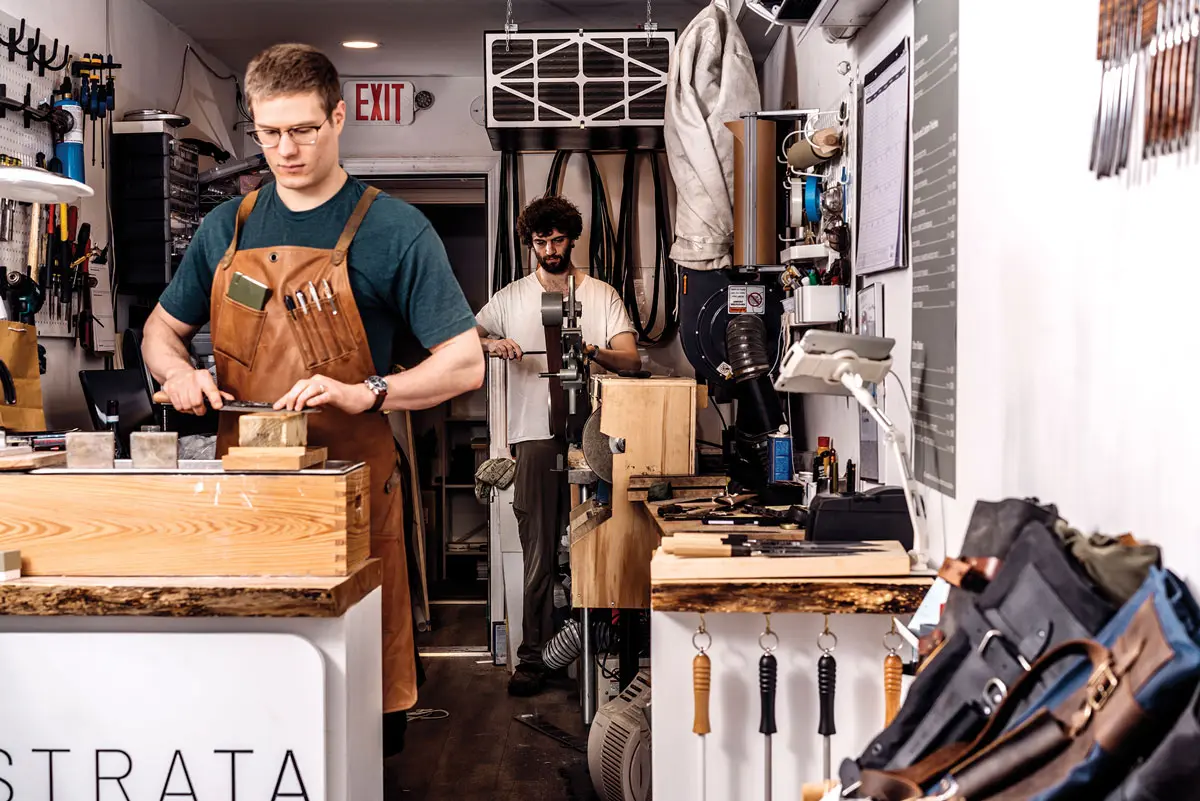 Evan Atwell’s Strata knife sharpening shop in Portland Maine