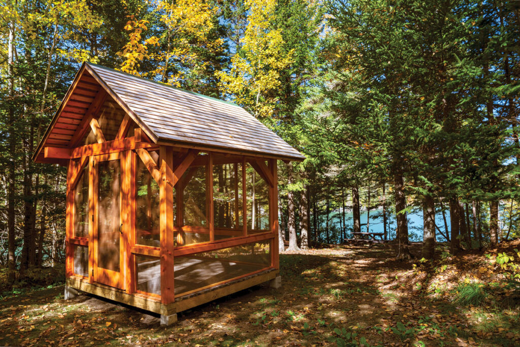 Screened picnic shelters at Red Point Park — and throughout the other Cobscook Shores properties — come with views of the bay.