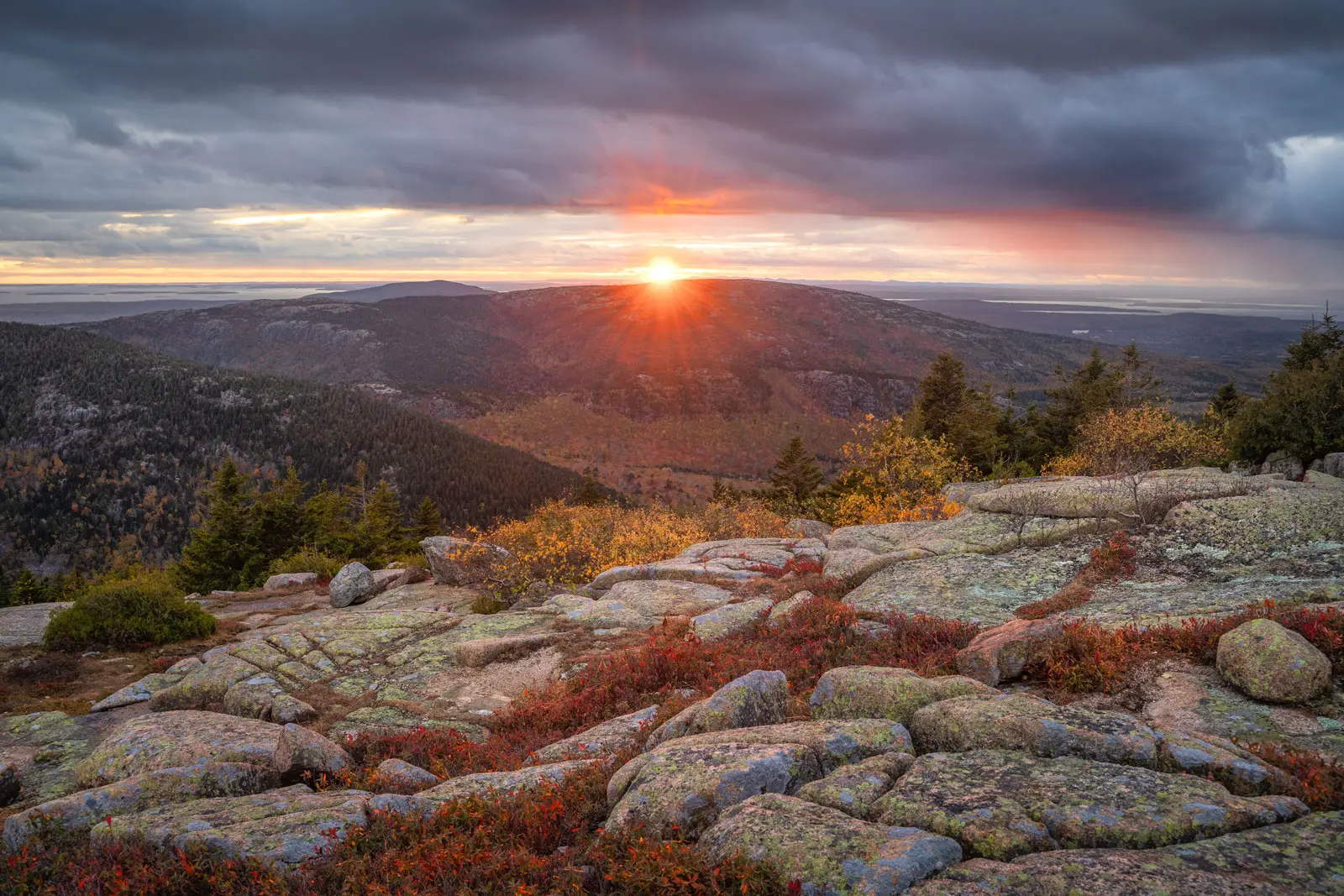 Autumn in Acadia, Sunset from Cadillac Mountain, the park’s high point, looking out over Sargent Mountain