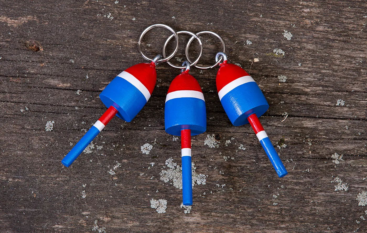 Red white and blue mini buoy keychains by Beth Doan