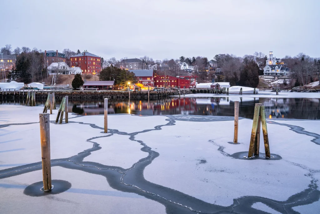 A view of Rockport Harbor in winter