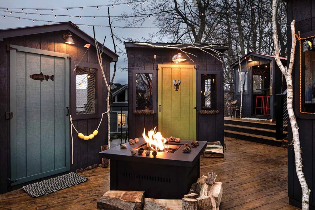 Ice shanties on the deck at Batson River Brewing & Distilling
