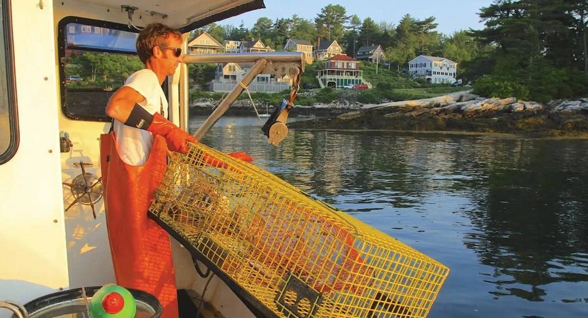 Boothbay Harbor lobsterman working on his boat