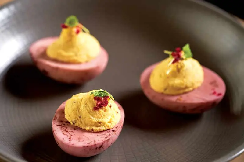Deviled eggs with pickled beets
