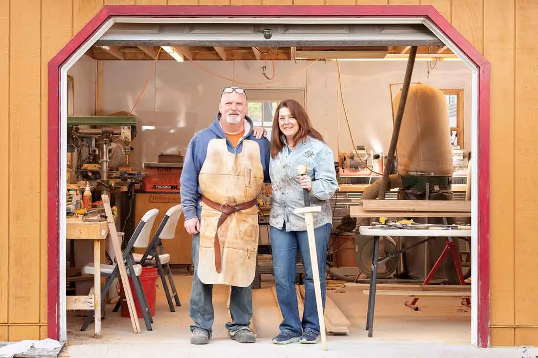 Trent and Colleen Schriefer, in the Hickory Arms workshop.