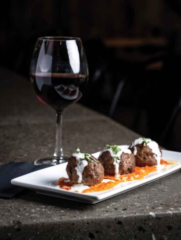 lamb meatballs with red-pepper coulis and tzatziki from the Portage Tap House