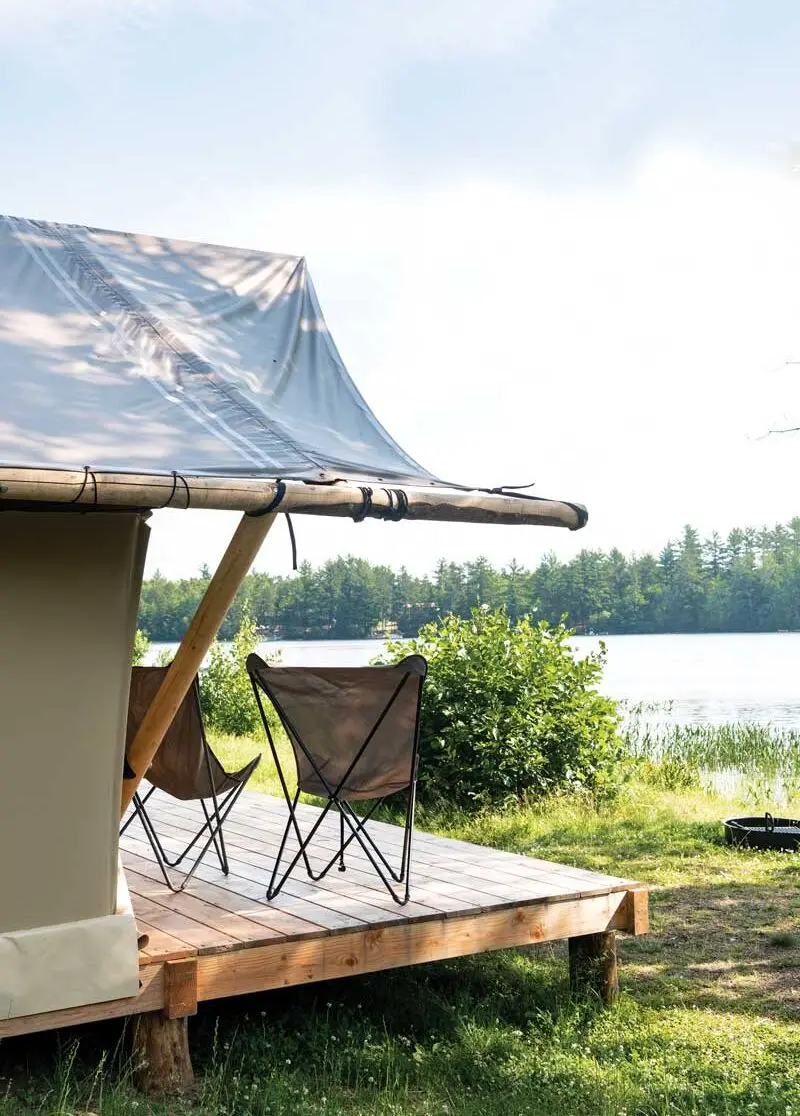 Porch view from a glamping tent at Huttopia, near Bauneg Beg
