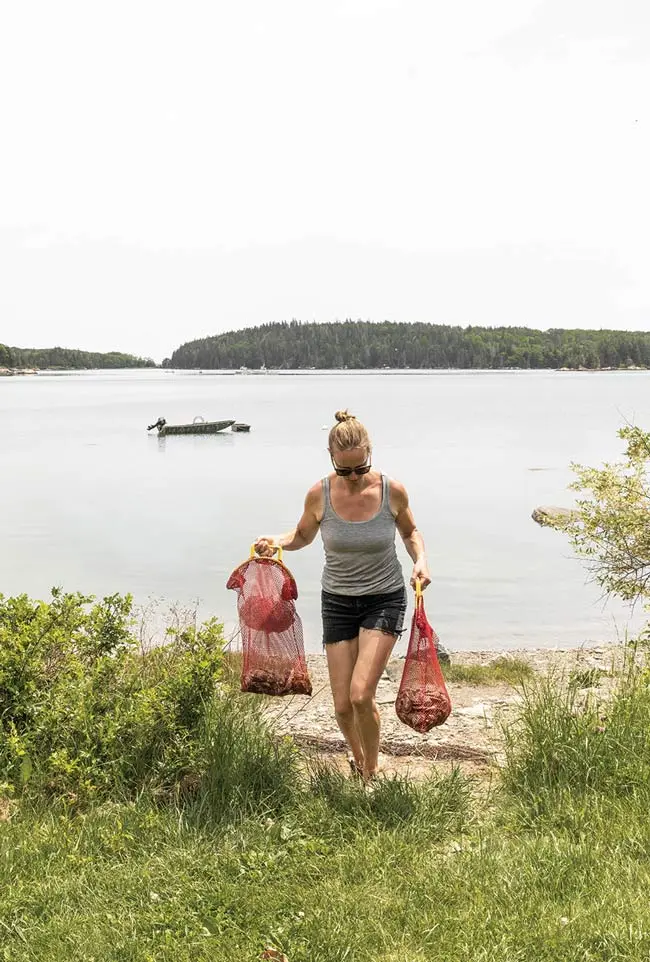 Abby Barrows,Abby Barrows, the Maine microplastics researcher reenvisioning aquaculture, carrying mesh bags full of oysters