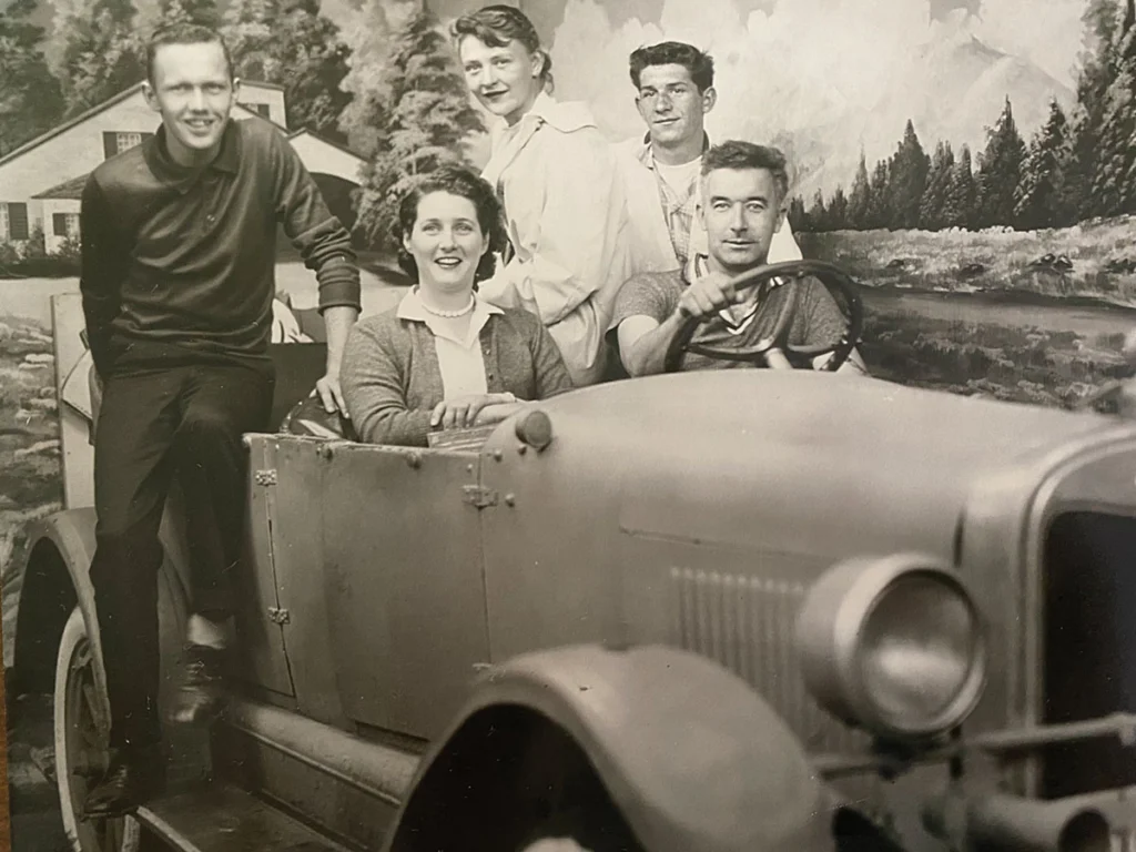 Holly and Helen Beers, in the front seat, on a trip to Old Orchard Beach in 1959.