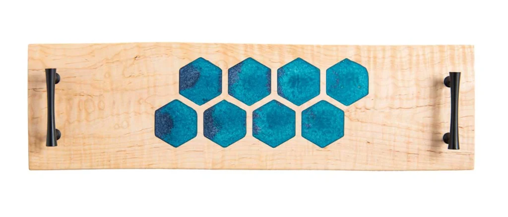  PF Woodturning honeycomb serving tray with black matte handles