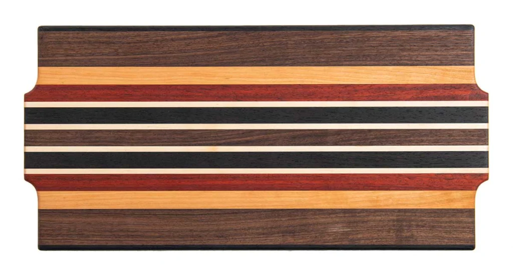 Heartwood Designs striped walnut, maple, cherry, wenge, and padauk charcuterie board