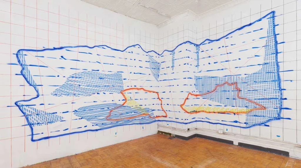 Ilulissat, Disko Bugt, 2021, in progress studio view, graphite, spray paint, and acrylic paint, Dimensions are variable, © Peter Soriano, Photo by Alan Wiener